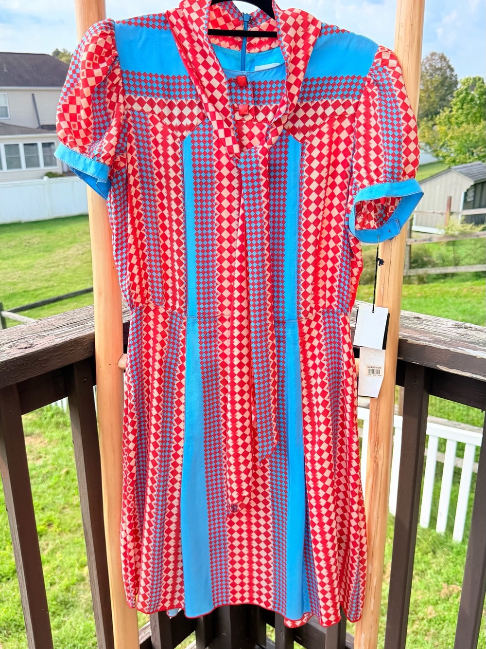 Anna Sui Red and Blue Geometric Tie-Neck Baby Doll Dress